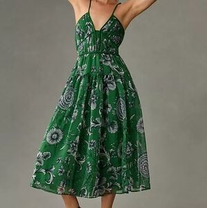 By Anthropologie Floral Green V-Neck Halter Dress Large